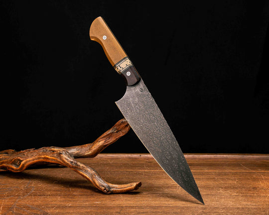 Chef Blade- Desert Ironwood, Black G10, Desert Tan G10, OD Green G10 and Copper Pin Striping, Black Calceon split, Vintage Butterscotch Micarta, Mosaic Pins, Smooth Grip