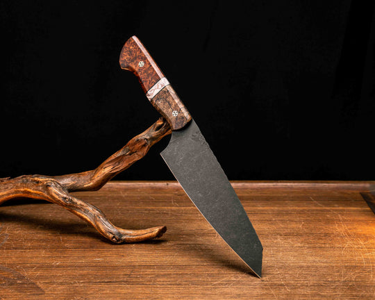Santoku- Spalted Maple, Black G10, White G10 and Copper Pin Striping, White with Copper Matrix Tru-stone Split, Amboyna Burl, Mosaic Pins, Smooth Grip