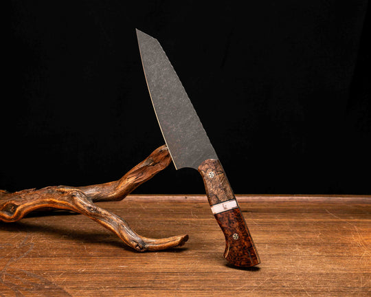 Santoku- Spalted Maple, Black G10, White G10 and Copper Pin Striping, White with Copper Matrix Tru-stone Split, Amboyna Burl, Mosaic Pins, Smooth Grip