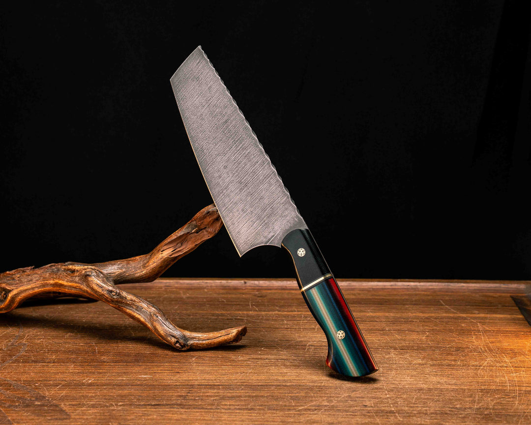 Nakiri- Black Canvas Micarta, Black G10, White G10 and Brass Split, Southwest Blanket G-Carta, Mosaic Pins, Smooth Grip