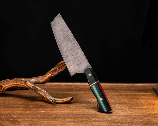 Nakiri- Black Canvas Micarta, Black G10, White G10 and Brass Split, Southwest Blanket G-Carta, Mosaic Pins, Smooth Grip