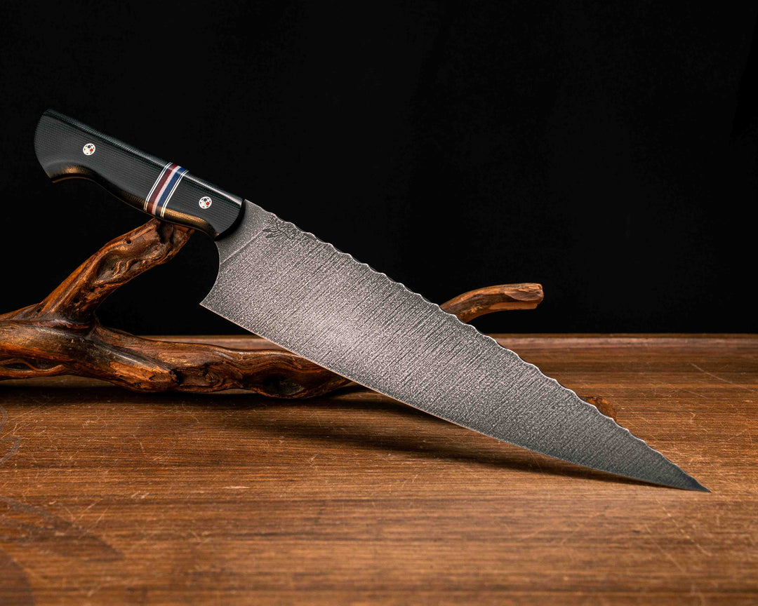 10" Chef Blade- Black Canvas Micarta, Black G10 and Aluminum Pin Striping, Americana G-Carta Split, Patriot Mosaic Pins, Smooth Grip