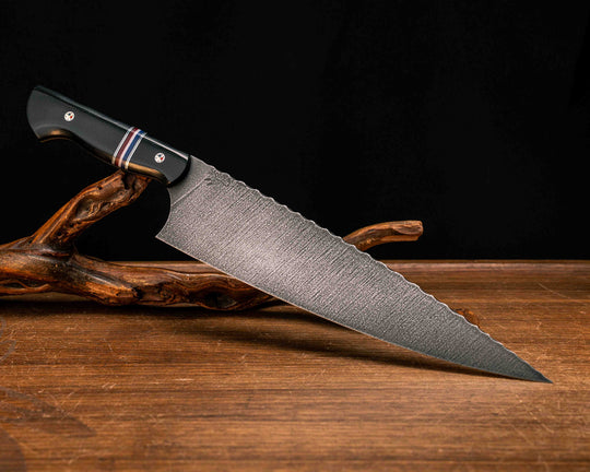 10" Chef Blade- Black Canvas Micarta, Black G10 and Aluminum Pin Striping, Americana G-Carta Split, Patriot Mosaic Pins, Smooth Grip