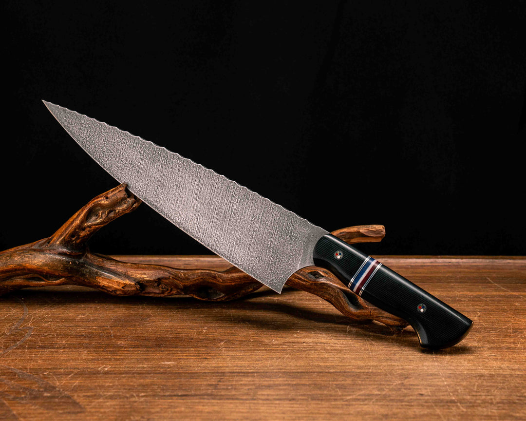 10" Chef Blade- Black Canvas Micarta, Black G10 and Aluminum Pin Striping, Americana G-Carta Split, Patriot Mosaic Pins, Smooth Grip