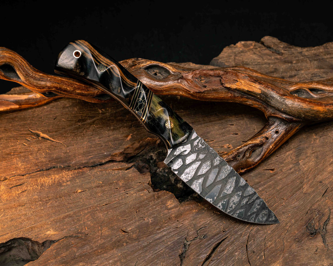 Cavner- Ram's Horn, Coyote G10, Black G10 and Brass Pin Striping, Black with Gold Web Tru-stone Split, Black and White Ebony, Mosaic Pins, Copper Lanyard Pin, Textured Grip