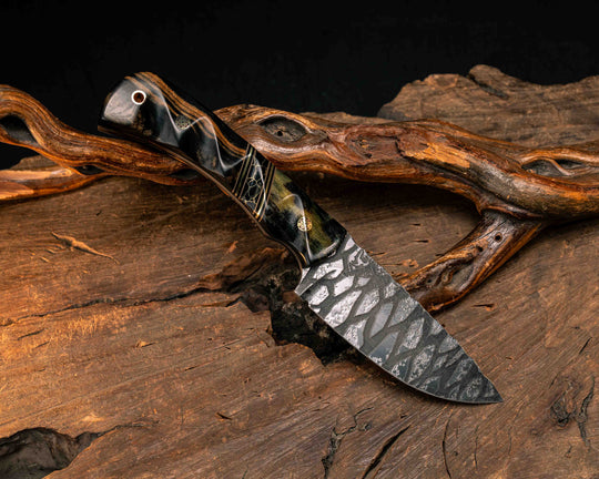 Cavner- Ram's Horn, Coyote G10, Black G10 and Brass Pin Striping, Black with Gold Web Tru-stone Split, Black and White Ebony, Mosaic Pins, Copper Lanyard Pin, Textured Grip