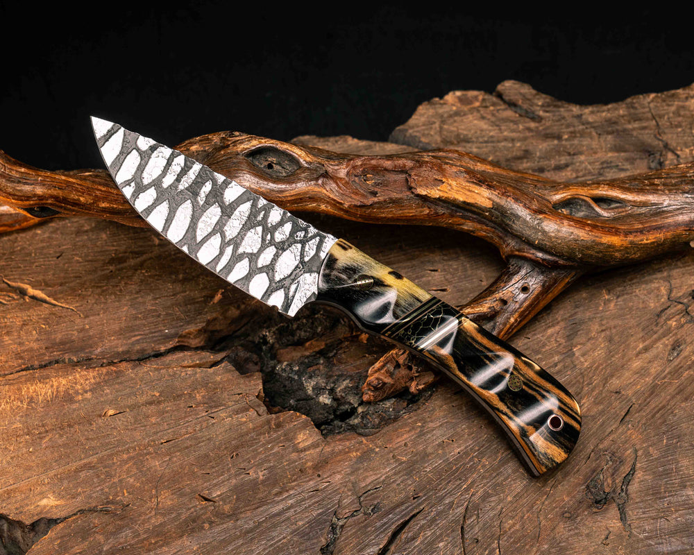 Cavner- Ram's Horn, Coyote G10, Black G10 and Brass Pin Striping, Black with Gold Web Tru-stone Split, Black and White Ebony, Mosaic Pins, Copper Lanyard Pin, Textured Grip