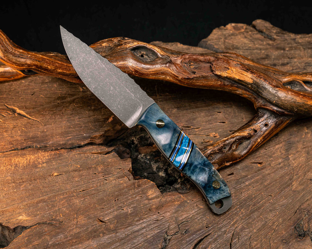 Feather Light- Dyed Maple, Black G10, Brass, Blue G10 and White G10 Pin Stripnig, Dark Denim Lapis Split, Mosaic Pins, Textured Grip