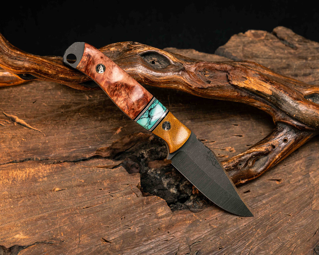 Crow Cub- Vintage Butterscotch Micarta, Black G10, White G10 and Brass Pin Striping, Green Dragon Skin Tru-stone Split, Dyed Box Elder, Mosaic Pins, Textured Grip