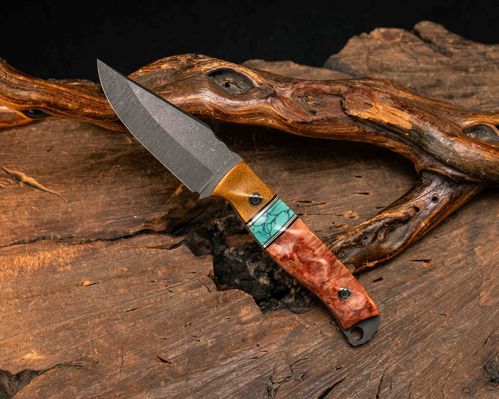 Crow Cub- Vintage Butterscotch Micarta, Black G10, White G10 and Brass Pin Striping, Green Dragon Skin Tru-stone Split, Dyed Box Elder, Mosaic Pins, Textured Grip