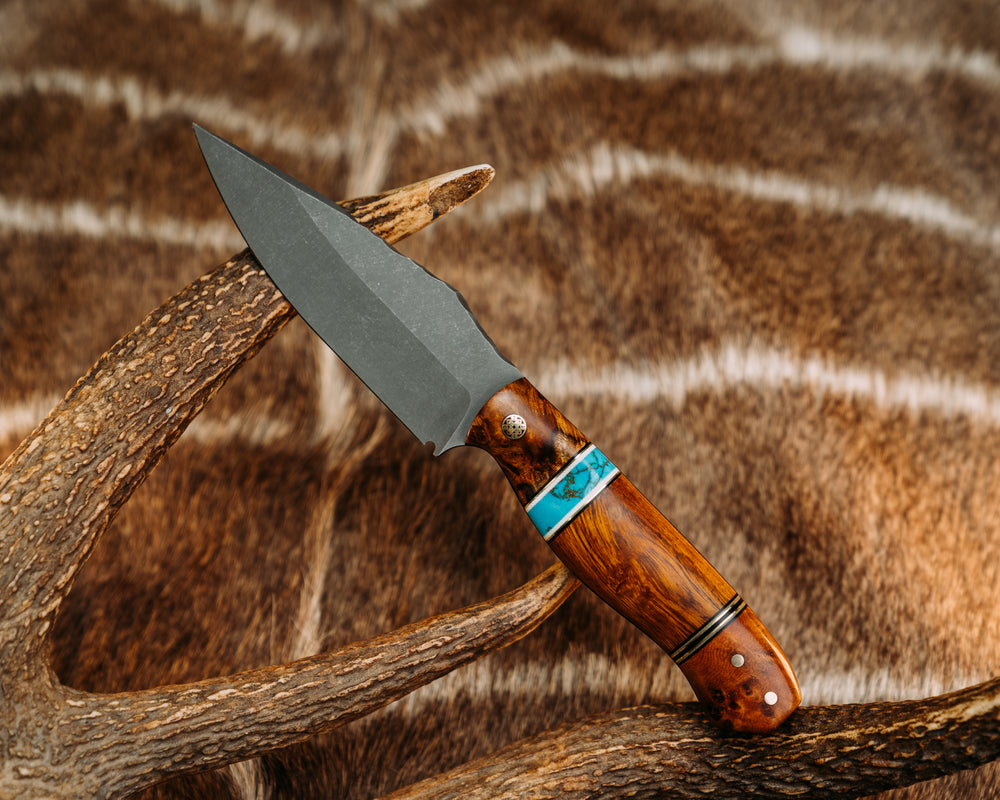 Field Knife- Spalted Katalox, Black G10, Brass and White G10 Pin Striping, Kingman Turquoise Tru-stone and Desert Ironwood Split, Amboyna Burl, Mosaic Pin, 1/8" Brass Pins, Contoured Grip