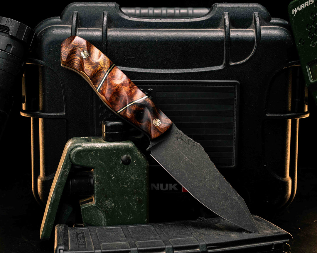 Field Knife - Desert Ironwood, Black G10 and Brass Pin Striping, Amboyna Burl Split, Mosaic Pins, Textured Grip