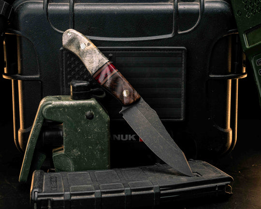 Field Knife Jr- Mahogany, Black G10, Cherry G10, Coyote G10 and White G10 Pin Striping, Bloody Basin Tru-stone Split, Buckeye Burl, Mosaic Pins, Textured Grip