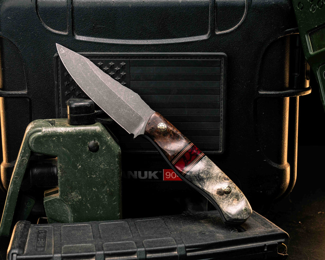 Field Knife Jr- Mahogany, Black G10, Cherry G10, Coyote G10 and White G10 Pin Striping, Bloody Basin Tru-stone Split, Buckeye Burl, Mosaic Pins, Textured Grip