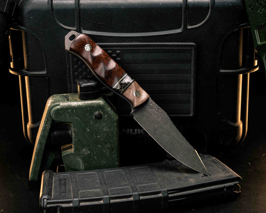 Field Knife Jr- Maple, Black G10, Grey G10 and Brass Pin Striping, Black with Gold Web Tru-stone Split, Snakewood, Mosaic Pins, Textured Grip