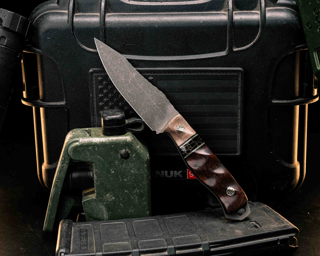 Field Knife Jr- Maple, Black G10, Grey G10 and Brass Pin Striping, Black with Gold Web Tru-stone Split, Snakewood, Mosaic Pins, Textured Grip