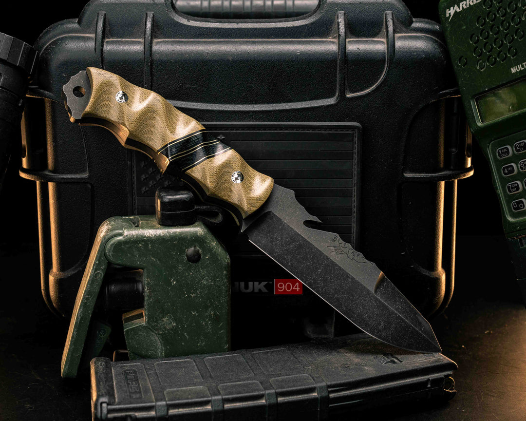 Notched Wire Cutter Breacher Gen 3- Olive Canvas Micarta, Black G10, Brass and Black Canvas Micarta Split, Mosaic Pins, Textured Grip