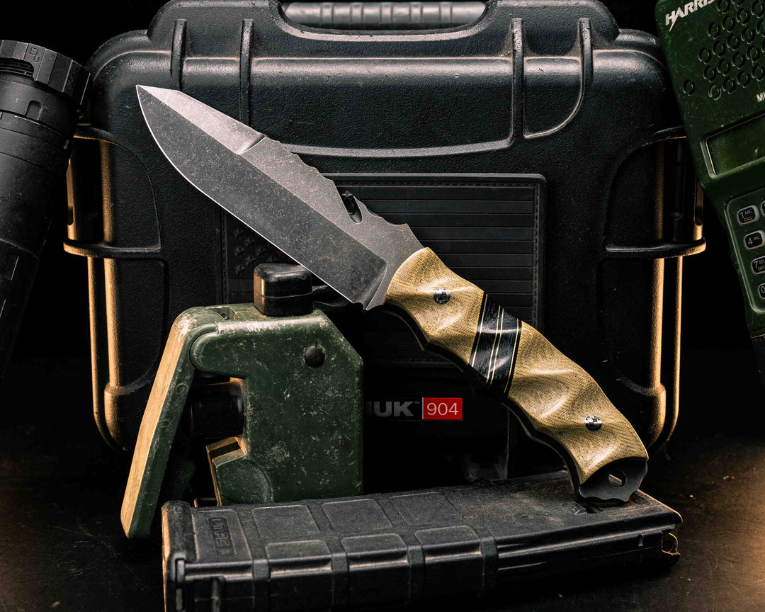 Notched Wire Cutter Breacher Gen 3- Olive Canvas Micarta, Black G10, Brass and Black Canvas Micarta Split, Mosaic Pins, Textured Grip