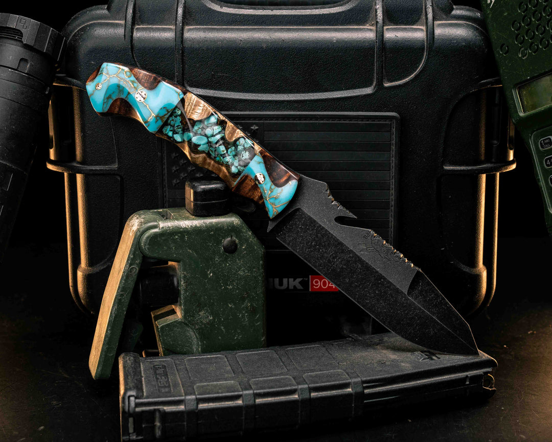 Notched Wire Cutter Breacher Gen 3- Turquoise with Gold Web Tru-stone Over Hawaiian Curly Koa, Crushed Turquoise Tru-stone in Resin Over Hawaiian Curly Koa Split, Mosaic Pins, Textured Split