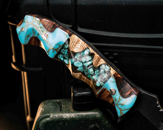 Notched Wire Cutter Breacher Gen 3- Turquoise with Gold Web Tru-stone Over Hawaiian Curly Koa, Crushed Turquoise Tru-stone in Resin Over Hawaiian Curly Koa Split, Mosaic Pins, Textured Split