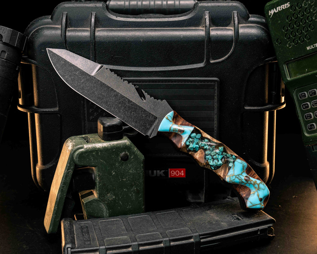 Notched Wire Cutter Breacher Gen 3- Turquoise with Gold Web Tru-stone Over Hawaiian Curly Koa, Crushed Turquoise Tru-stone in Resin Over Hawaiian Curly Koa Split, Mosaic Pins, Textured Split
