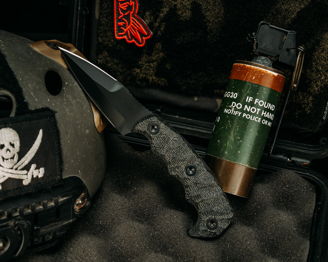 3" HUMINT- Black Canvas Micarta, Armor Black Cerakote, Allen Bolts, Textured Grip