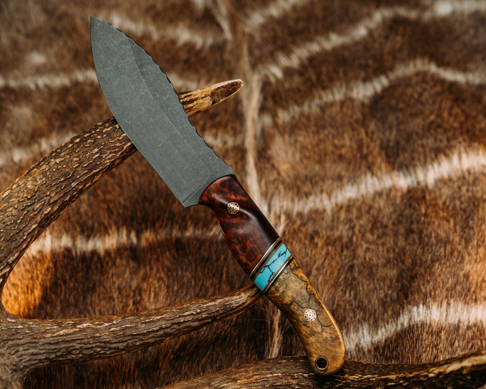 Hunter Skinner- Snakewood, Black G10, Brass and Coyote G10 Pin Striping, Turquoise with Black Matrix Tru-stone Split, Ambulu, Mosaic Pins, Brass Lanyard Pin, Contoured Grip