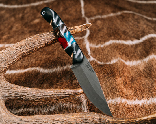 Crow Jr- Black Diamond Richlite, Aluminum and Black G10 Pin Striping, Maple and Red and Blue Resin Split, Mosaic Pins, Aluminum Lanyard Pin, Textured Grip