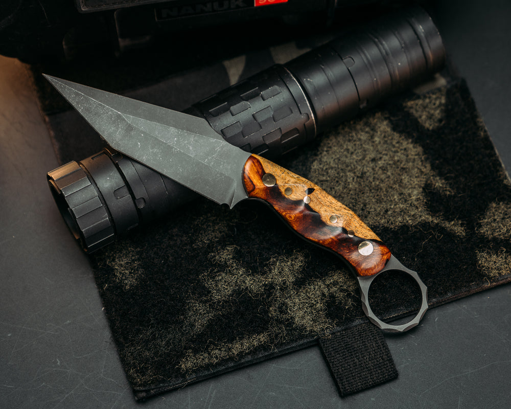 Ringed Tac Tanto- Desert Ironwood, Brass Pins, Textured Grip