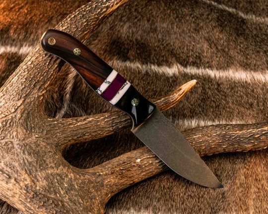Crow Jr- Bison Horn, Black G10 and Brass Pin Striping, White Turquoise Tru-stone and Sugi Tru-stone Split, Desert Ironwood, Mosaic Pins, Brass Lanyard Pin, Textured Grip
