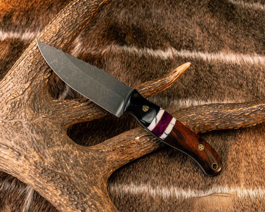 Crow Jr- Bison Horn, Black G10 and Brass Pin Striping, White Turquoise Tru-stone and Sugi Tru-stone Split, Desert Ironwood, Mosaic Pins, Brass Lanyard Pin, Textured Grip