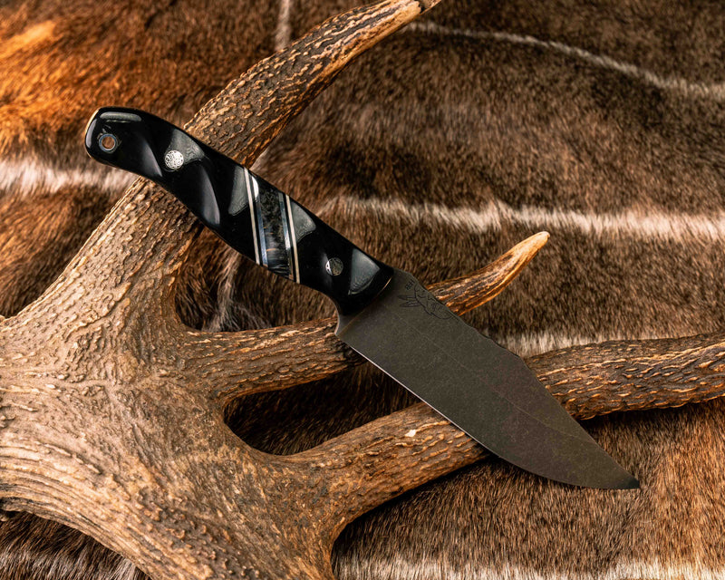 Crow Scout-  Bison Horn, Black G10, White G10 and Aluminum Pin Striping, Dyed Amboyna Split, Mosaic Pins, Aluminum Lanyard Pin, Textured Grip