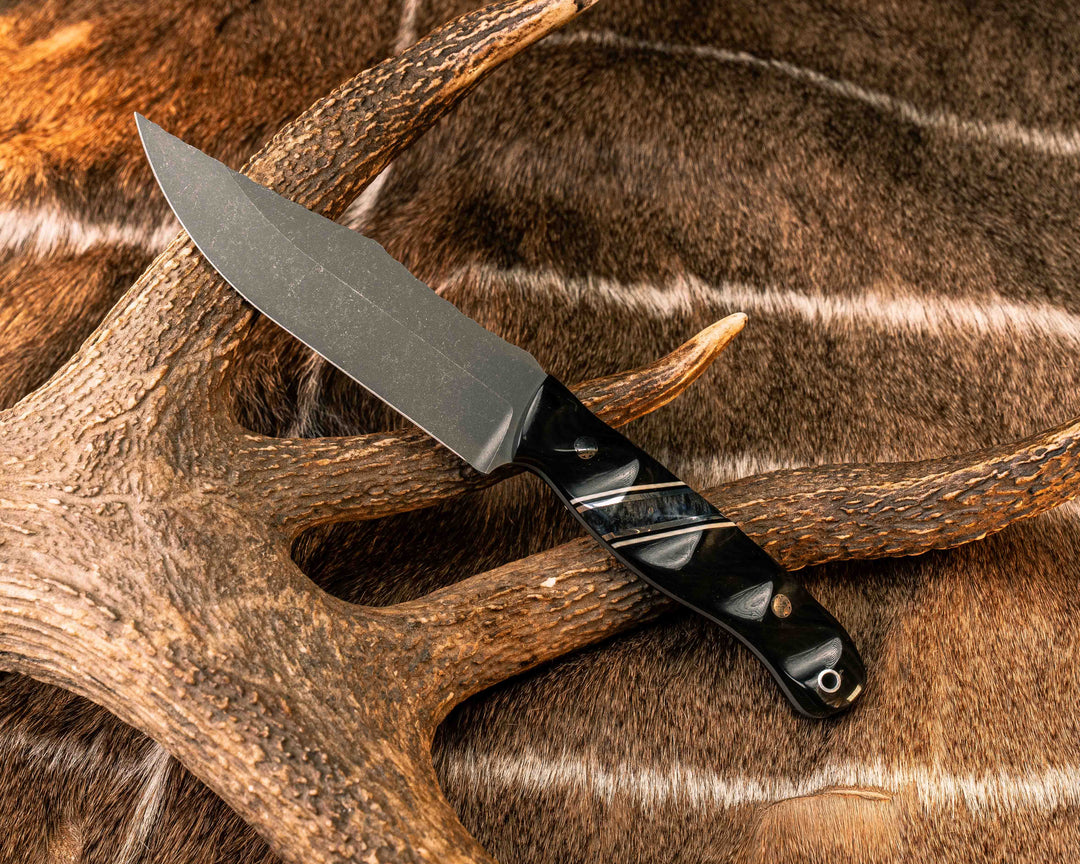 Crow Scout-  Bison Horn, Black G10, White G10 and Aluminum Pin Striping, Dyed Amboyna Split, Mosaic Pins, Aluminum Lanyard Pin, Textured Grip