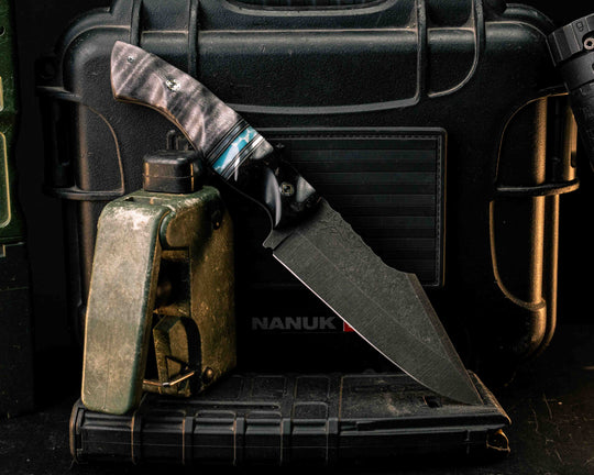 Widow Maker- Bison Horn, Black G10, Desert Tan G10 and Aluminum Pin Striping, Larimar Tru-stone Split, Dyed Curly Maple, Mosaic Pins, Textured Grip