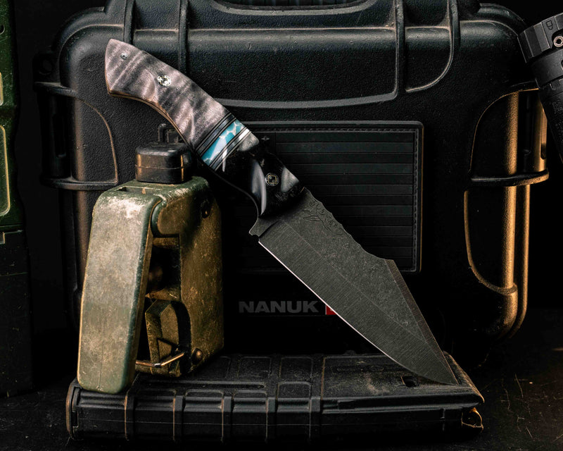 Widow Maker- Bison Horn, Black G10, Desert Tan G10 and Aluminum Pin Striping, Larimar Tru-stone Split, Dyed Curly Maple, Mosaic Pins, Textured Grip