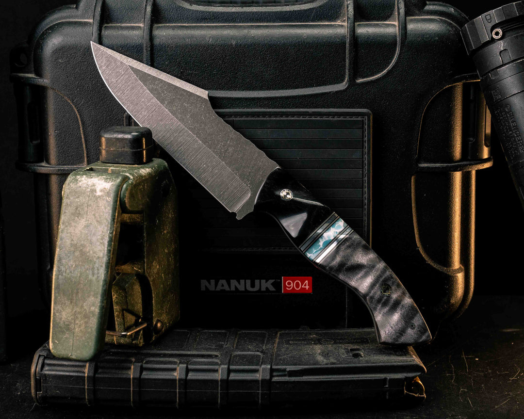 Widow Maker- Bison Horn, Black G10, Desert Tan G10 and Aluminum Pin Striping, Larimar Tru-stone Split, Dyed Curly Maple, Mosaic Pins, Textured Grip