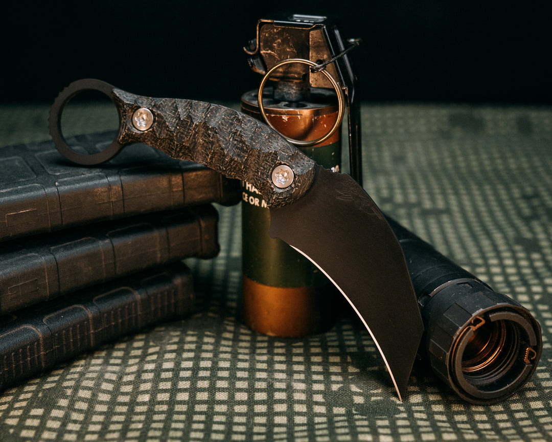 Karambito - Black Burlap Micarta, Armor Black, Ti Torx Bolts, Chaos Grip.