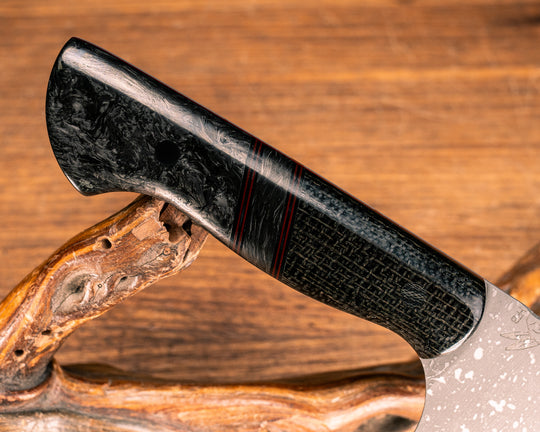 Chef Set- Black Burlap Micarta, Black G10 and Ruby G10 Pin Striping, Black Dark Matter CarbonSplit, Black Dark Matter Carbon, CF Pins, Smooth Grip