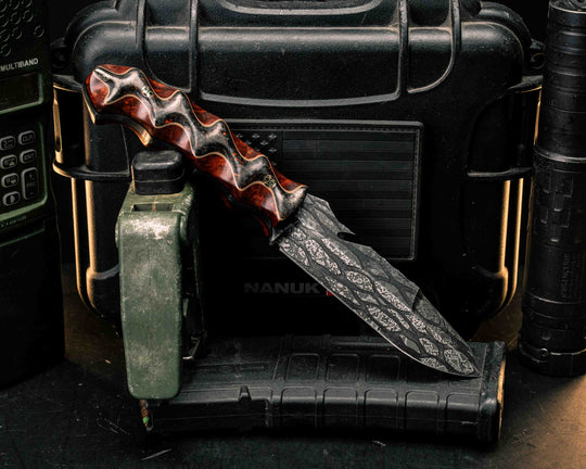 Notched Wire Cutter Breacher Gen 3- Red Dark Matter Carbon Over Dyed Amboyna Burl, Mosaic Pins, Textured Grip