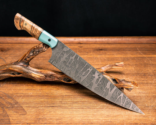 10" Chef Blade - Tiffany Blue G10, Black G10 and Brass Split, Spalted Maple, CF Pin, Mosaic Pin, Smooth Grip