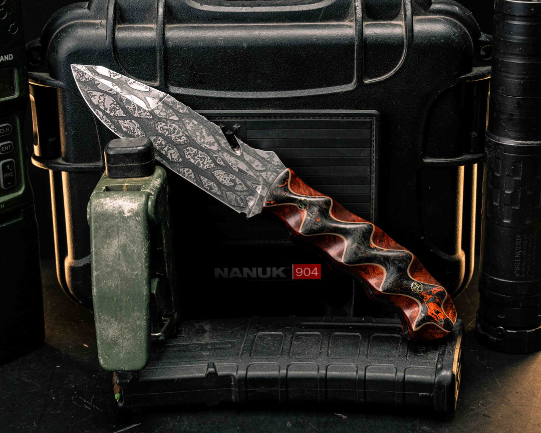 Notched Wire Cutter Breacher Gen 3- Red Dark Matter Carbon Over Dyed Amboyna Burl, Mosaic Pins, Textured Grip