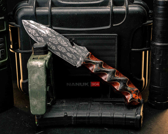 Notched Wire Cutter Breacher Gen 3- Red Dark Matter Carbon Over Dyed Amboyna Burl, Mosaic Pins, Textured Grip