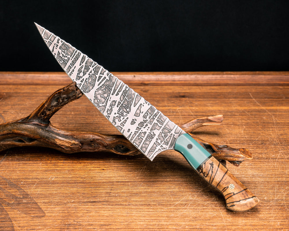 10" Chef Blade - Tiffany Blue G10, Black G10 and Brass Split, Spalted Maple, CF Pin, Mosaic Pin, Smooth Grip