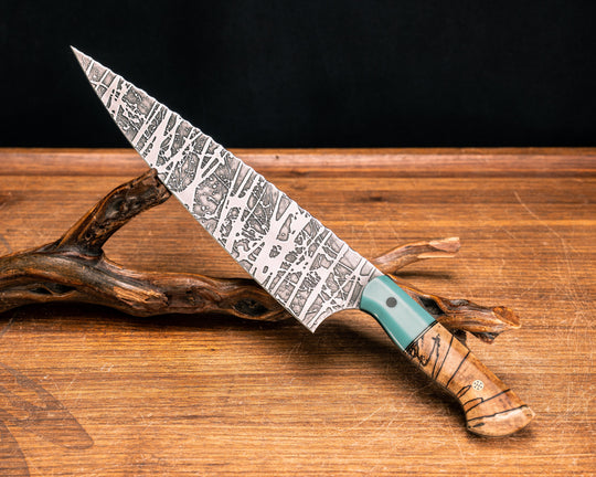 10" Chef Blade - Tiffany Blue G10, Black G10 and Brass Split, Spalted Maple, CF Pin, Mosaic Pin, Smooth Grip