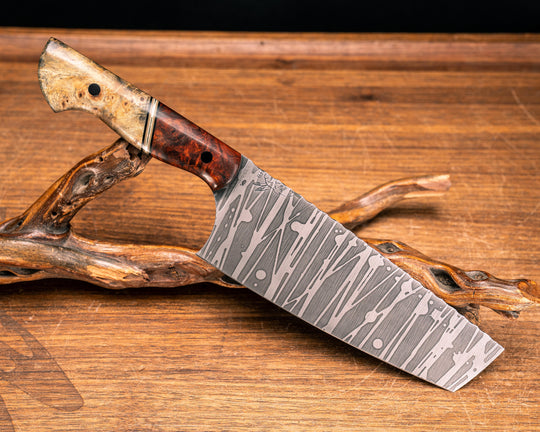 Nakiri- Amboyna Burl, Black G10, Coyote G10, White G10 and Brass Split, Buckeye, CF Pins, Smooth Grip