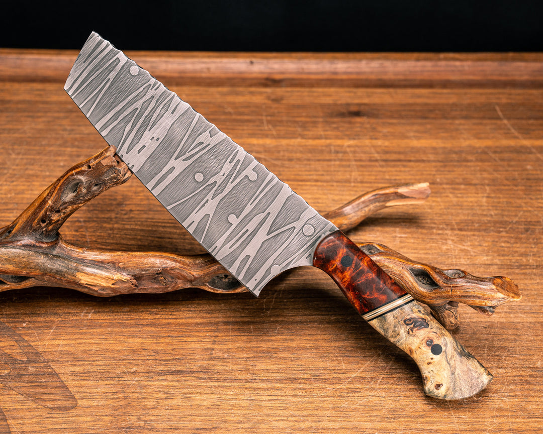 Nakiri- Amboyna Burl, Black G10, Coyote G10, White G10 and Brass Split, Buckeye, CF Pins, Smooth Grip