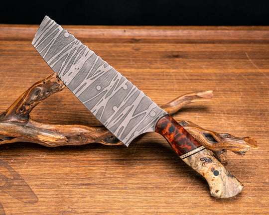 Nakiri- Amboyna Burl, Black G10, Coyote G10, White G10 and Brass Split, Buckeye, CF Pins, Smooth Grip