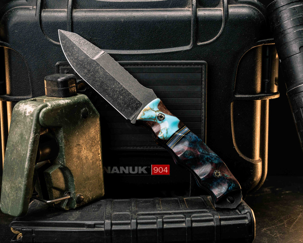Disaster Jr Gen 3- Turquoise with Gold Web Tru-stone Over Hawaiian Curly Koa, Black G10, Brass, Aluminum and Blue G10 Split, Dyed Black Ash, Mosaic Pins, Textured Grip