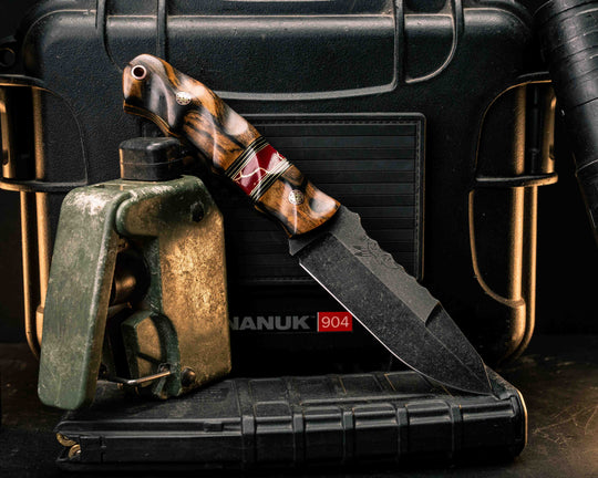Disaster Jr Gen 3- Black and White Ebony, Black G10 and Brass Pin Striping, Red with Gold Web Tru-stone Split, Mosaic Pins, Copper Lanyard Pin, Textured Grip