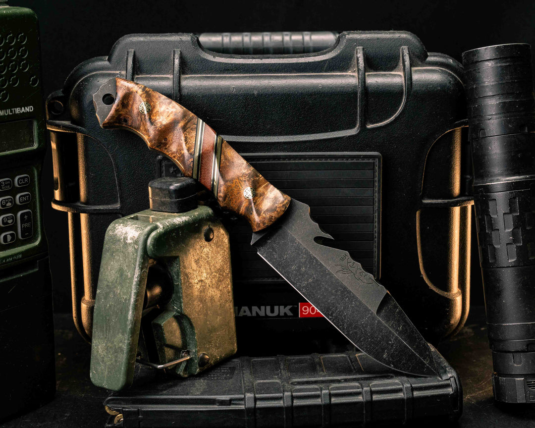 Notched Wire Cutter Breacher Gen 3- Teak, Black G10, OD Green G10 and Brass Pin Striping, Natural Canvas Micarta Split, Mosaic Pins, Textured Grip
